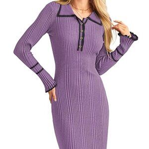GRACE KARIN Long Sleeve Sweater Dress Button Knit Slim Fit Casual V Neck Bodycon